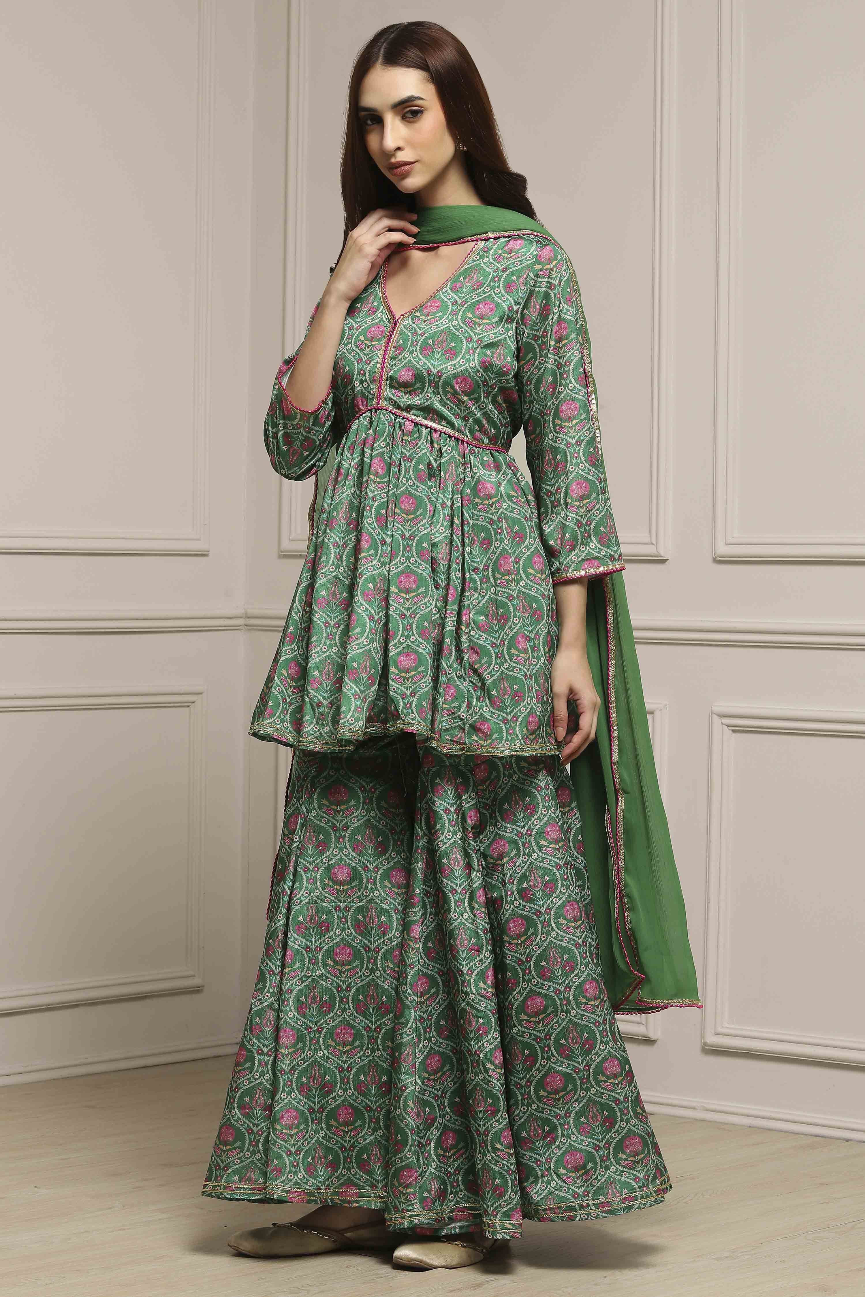 Green Art Silk Gathered Garara Set image number 6