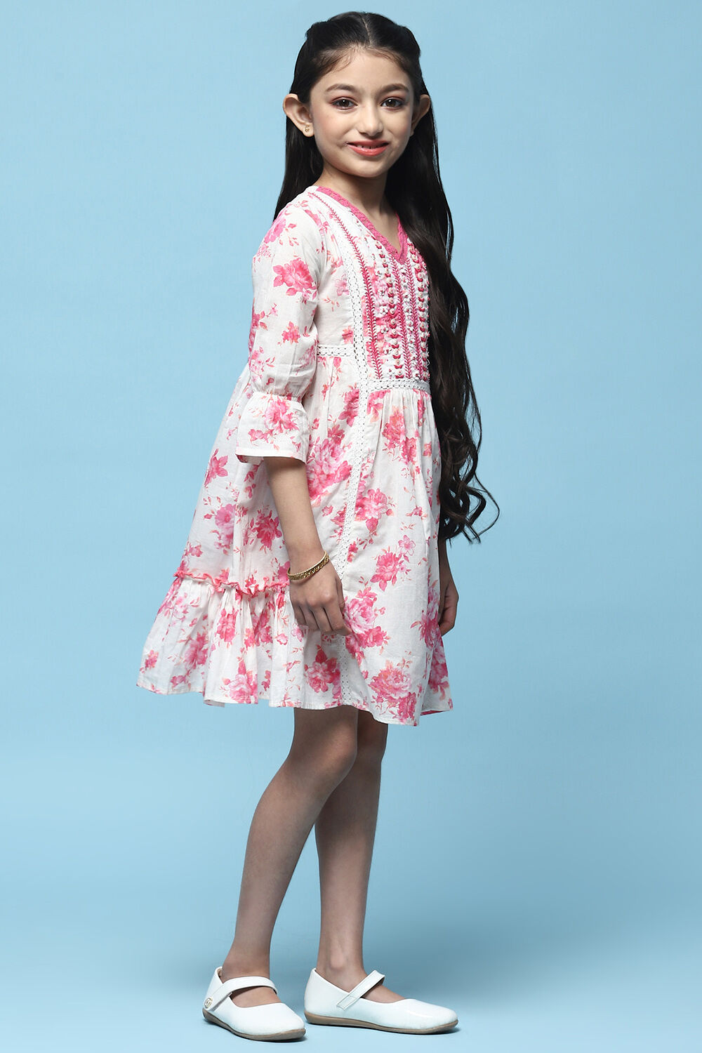 Pink Floral Printed Cotton Dress With Embroidered Yoke image number 4