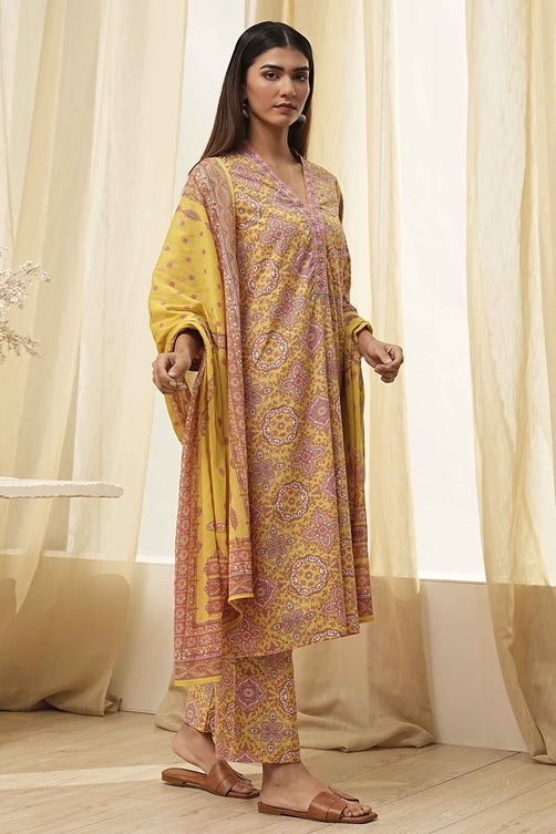 Green Cotton Printed Straight Suit Set image number 5