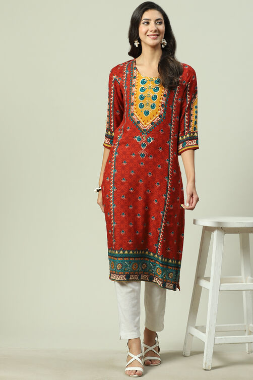 Rust LIVA Straight Printed Kurta image number 4