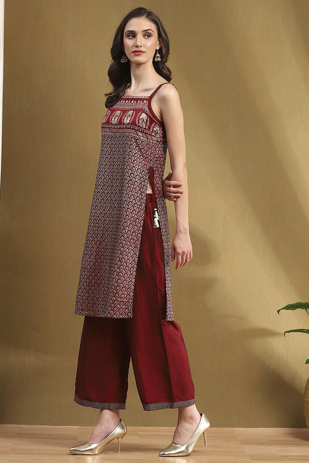Grey Silk Floral Hand-Block Printed Festive Straight Kurta image number 2