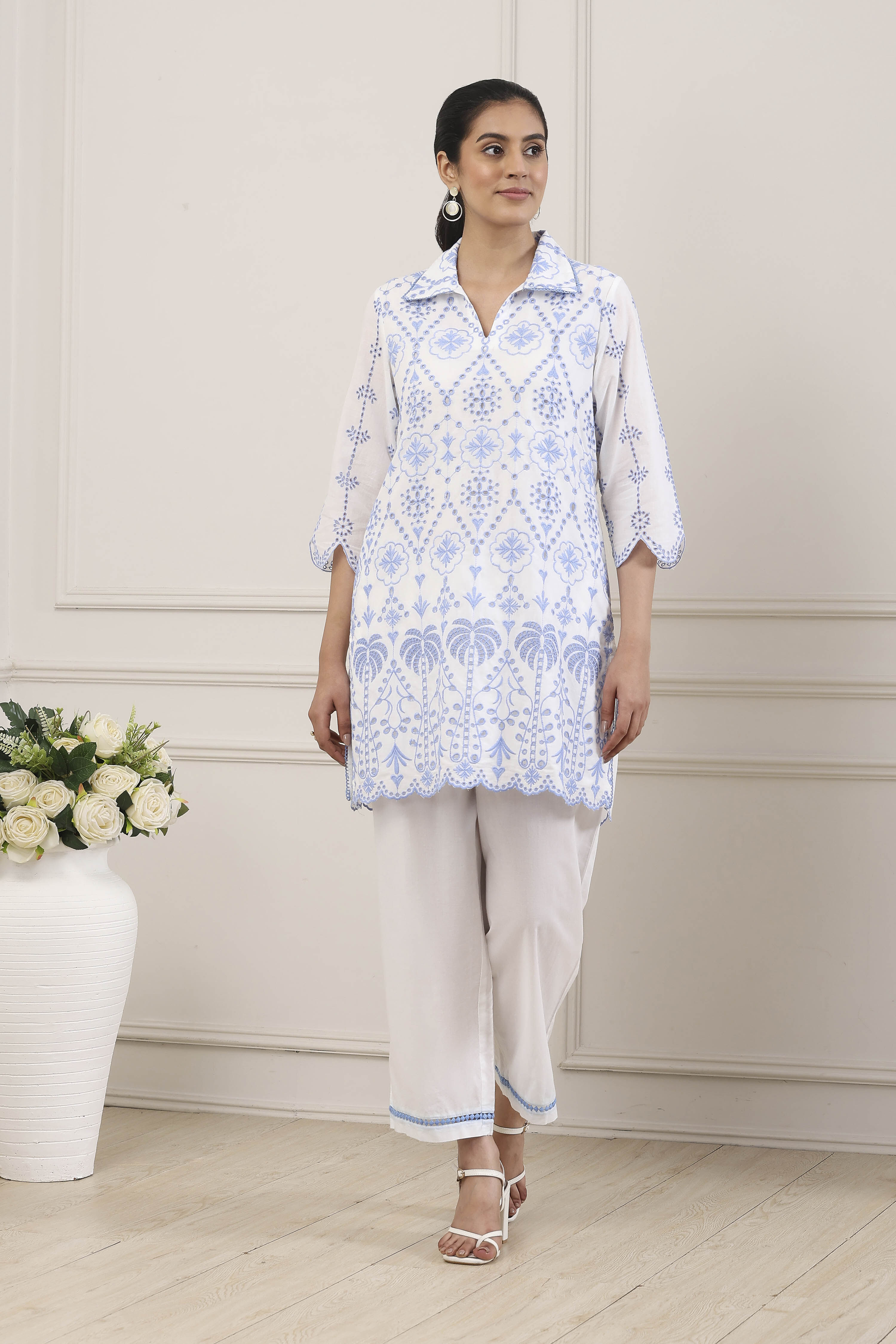White Cotton Schiffli Embroidered Straight Suit Set image number 6