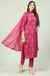Magenta Floral Foil Printed Straight Suit Set