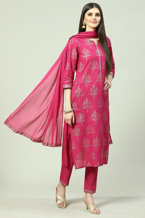 Coral Cotton Straight Kurta Regular Pants Suit Set image number 0