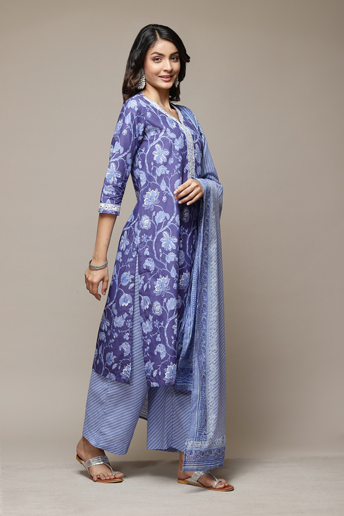Indigo Cotton Straight Kurta Palazzo Suit Set image number 6