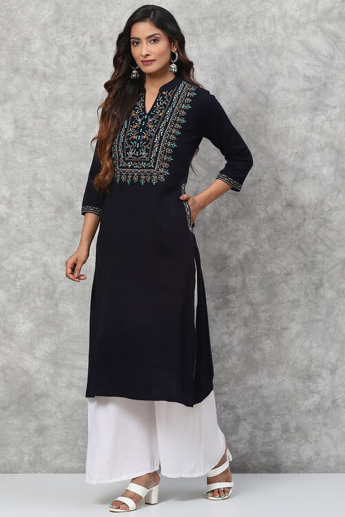 Navy Straight Acrylic Kurta image number 2