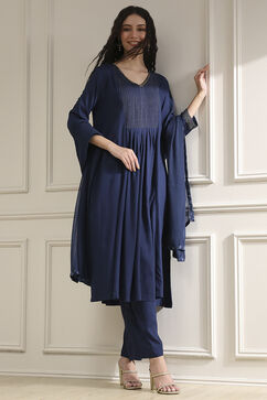 Blue Solid Gathered Suit Set image number 7