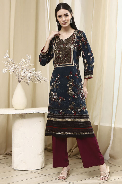 Teal Floral Printed Straight Kurta image number 5