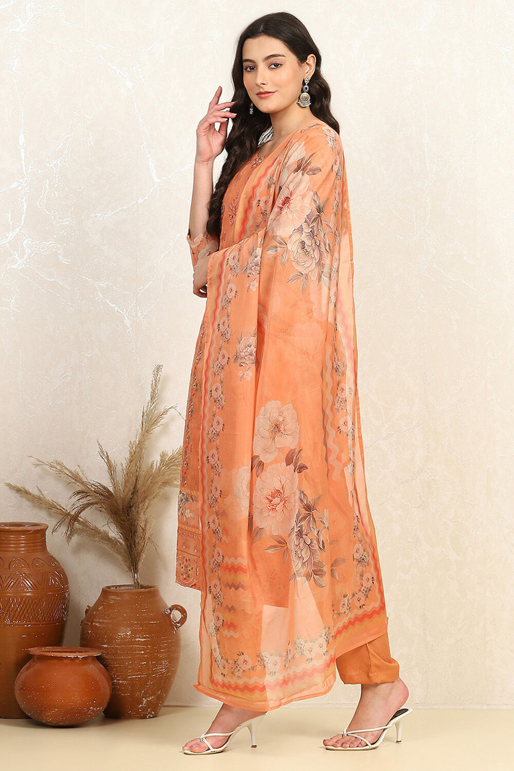 Orange Muslin Unstitched Suit Set image number 4