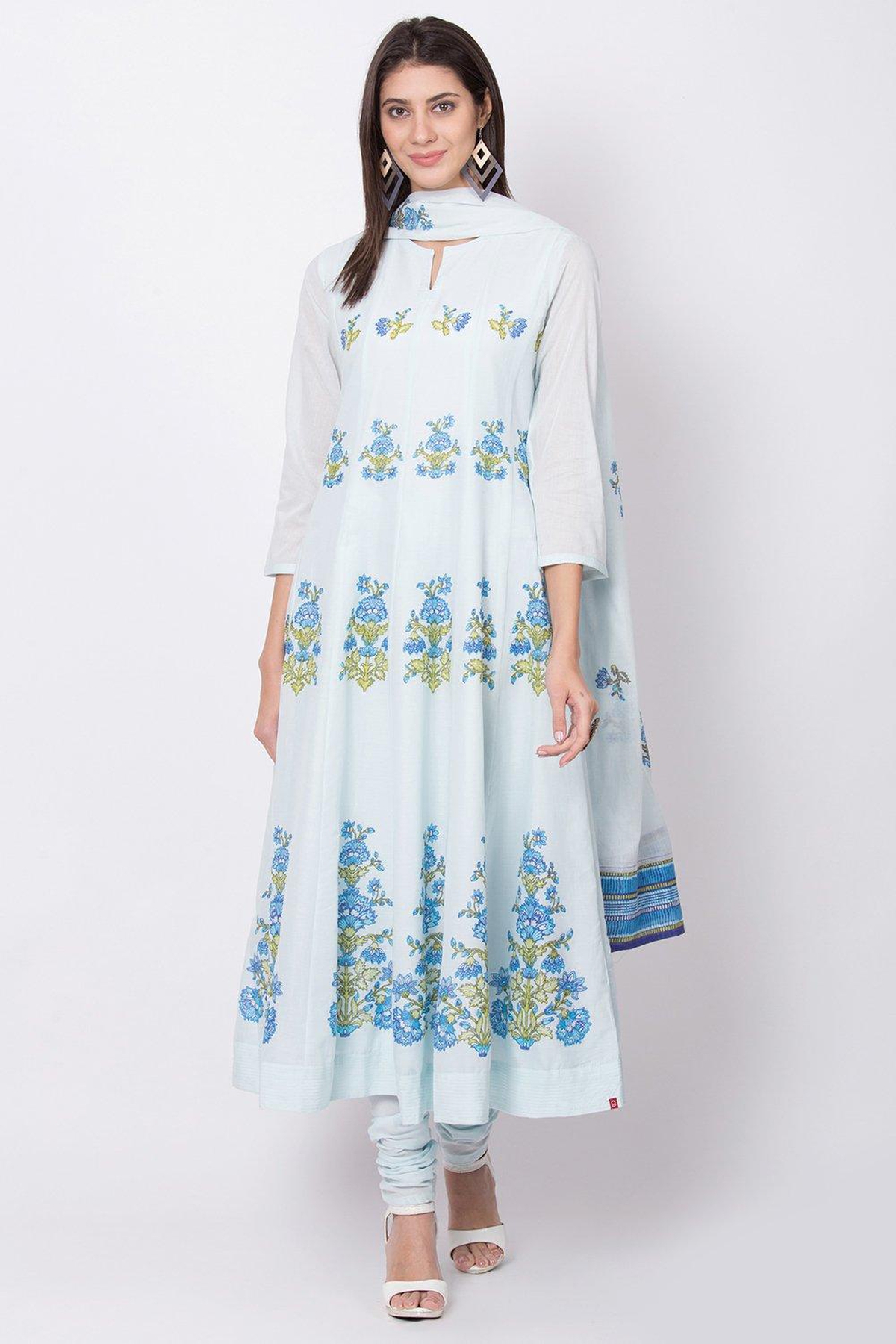 Ice Blue Straight Kurta Churidar Suit Set