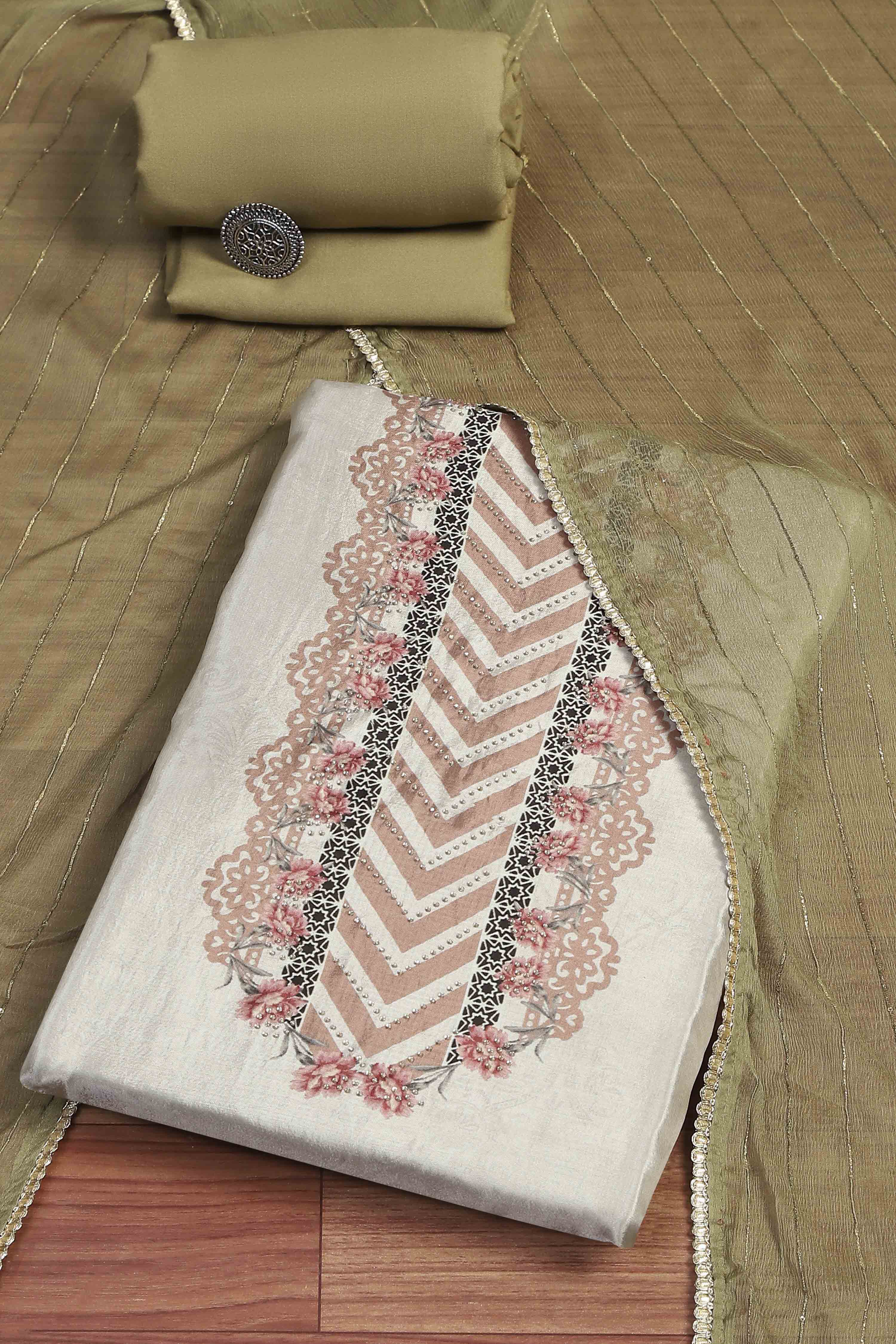Beige Cotton Printed Unstitched Kurta Set image number 0