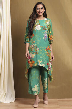 Green Modal Floral Printed Asymmetric Kurta Set image number 6