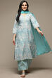 Off White & Blue Cotton Straight Kurta Palazzo Suit Set