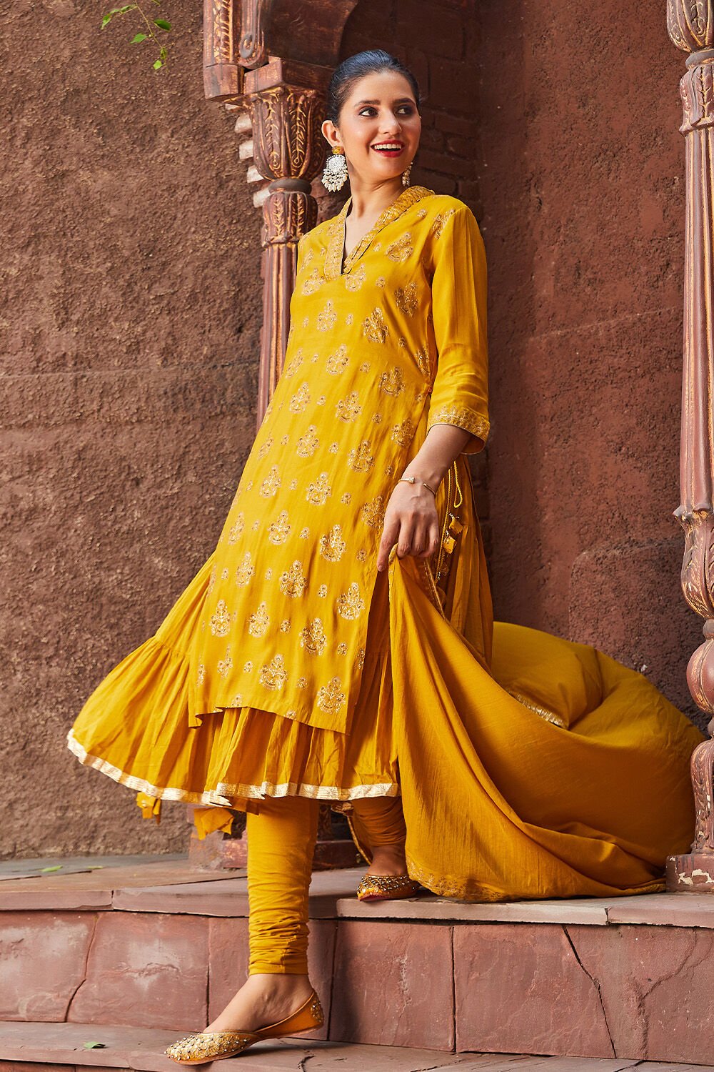 Lime Yellow Silk Layered Kurta Churidar Suit Set