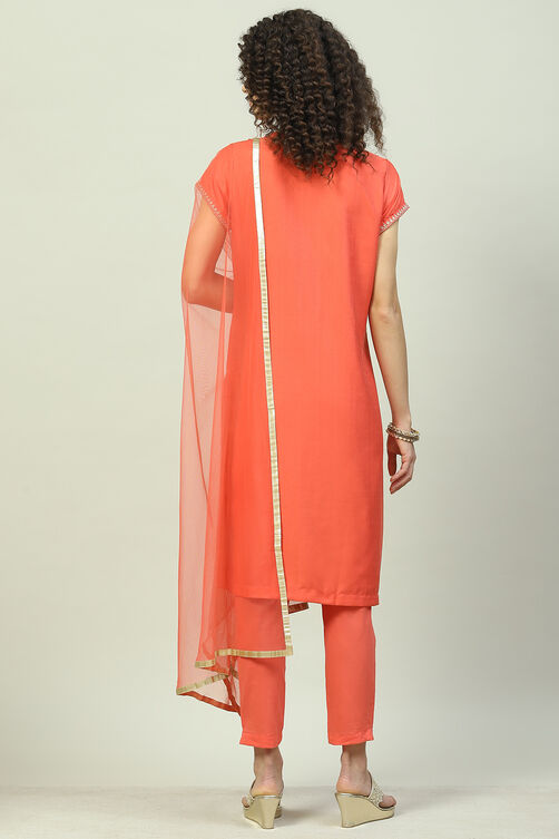 Coral Art Silk Straight Kurta Slim Pants Suit Set image number 4