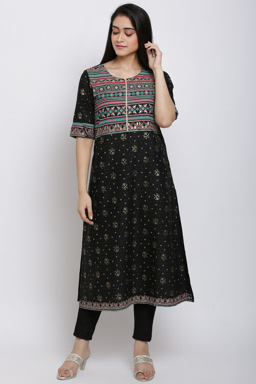 Black Cotton Flax Printed Kurta image number 0