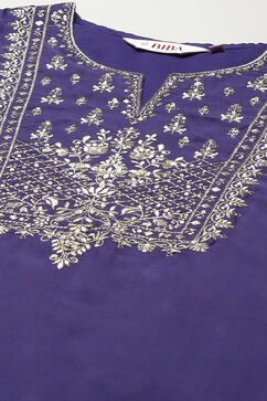 Pink & Purple Poly Cotton Straight Embroidery Kurta Slim Pant Suit Set image number 1