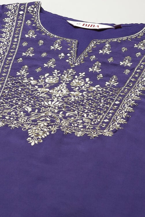 Pink & Purple Poly Cotton Straight Embroidery Kurta Slim Pant Suit Set image number 1