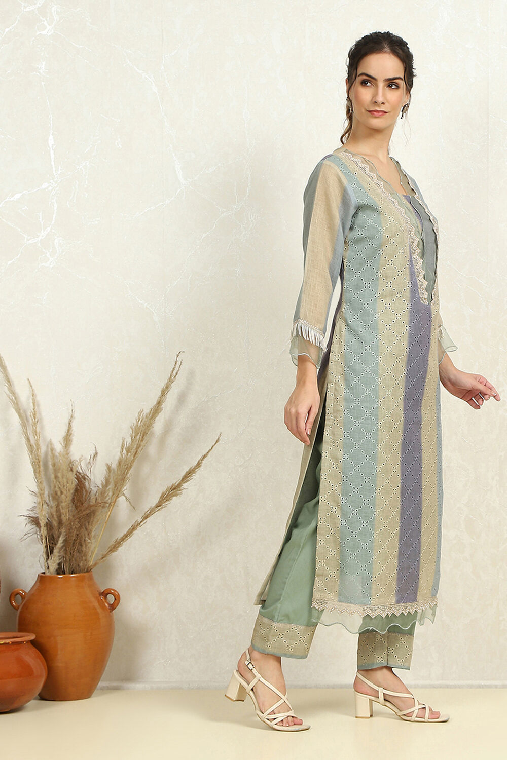 Green Cotton Blend Schiffli Unstitched Suit Set image number 3