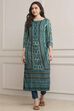 Turquoise LIVA Straight Printed Kurta image number 5