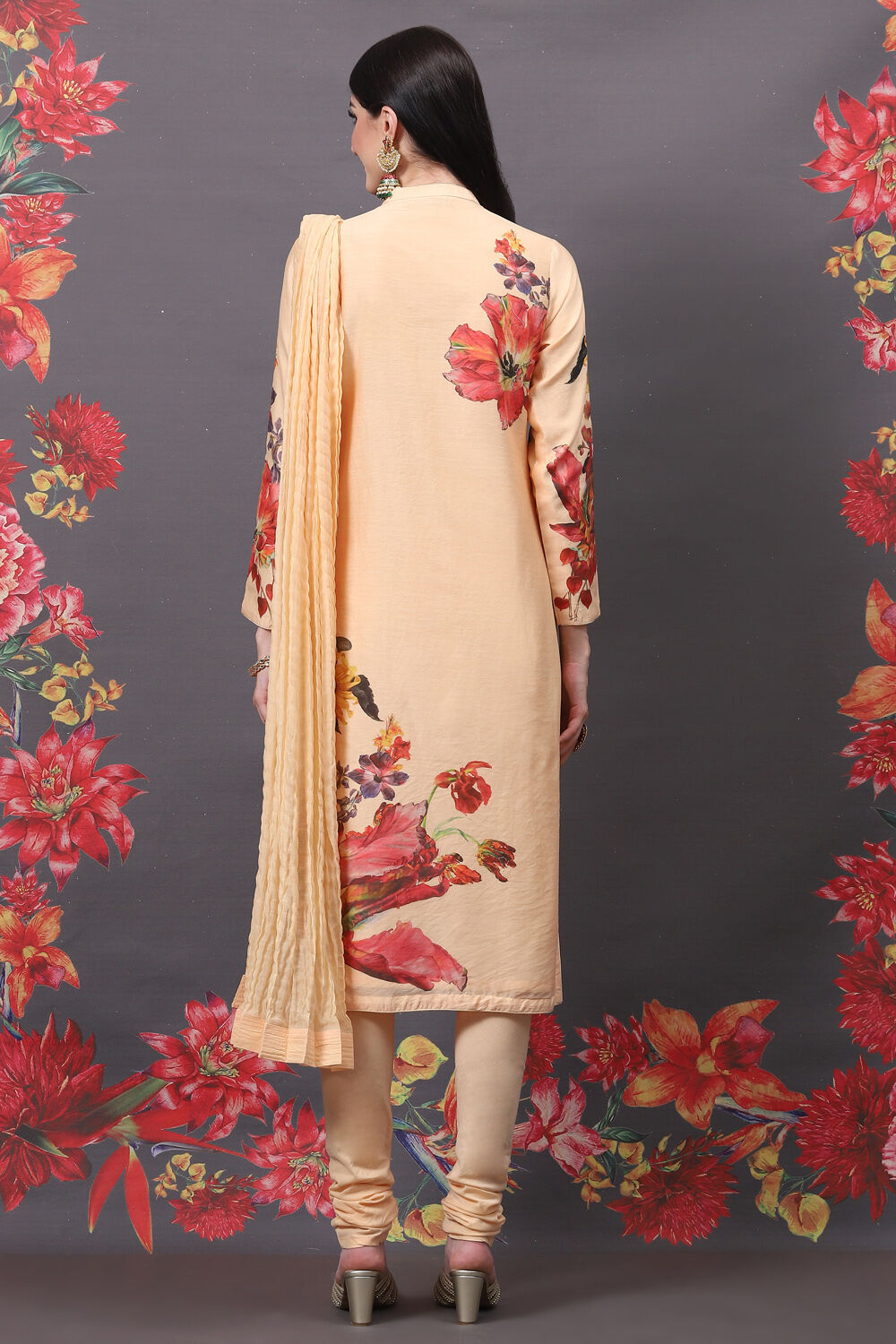 Peach Cotton Silk Straight Printed Suit Set image number 5