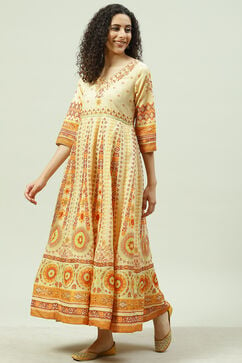 Beige Flared Fusion Printed Dress image number 3