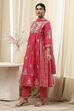 Coral-Red Silk Chanderi Gathered Suit Set image number 3
