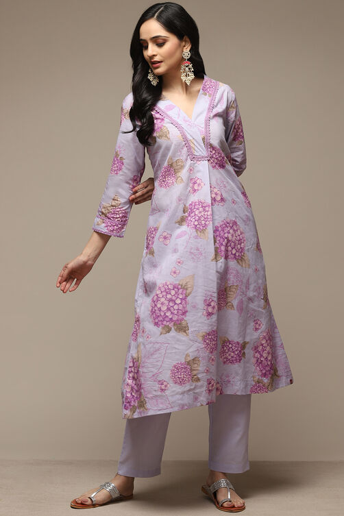 Lavender Cotton Gathered Kurta Pants Suit Set image number 0