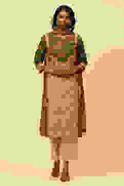 Khaki Cotton Straight Kurta Narrow Palazzo Suit Set image number 4