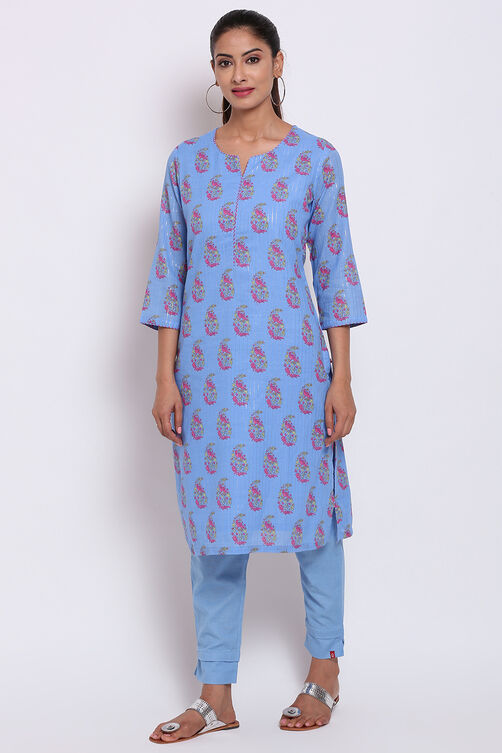 Blue Metallic Cotton Printed Kurti image number 3