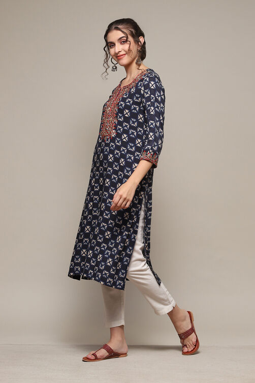 Navy LIVA Straight Printed Kurta image number 2