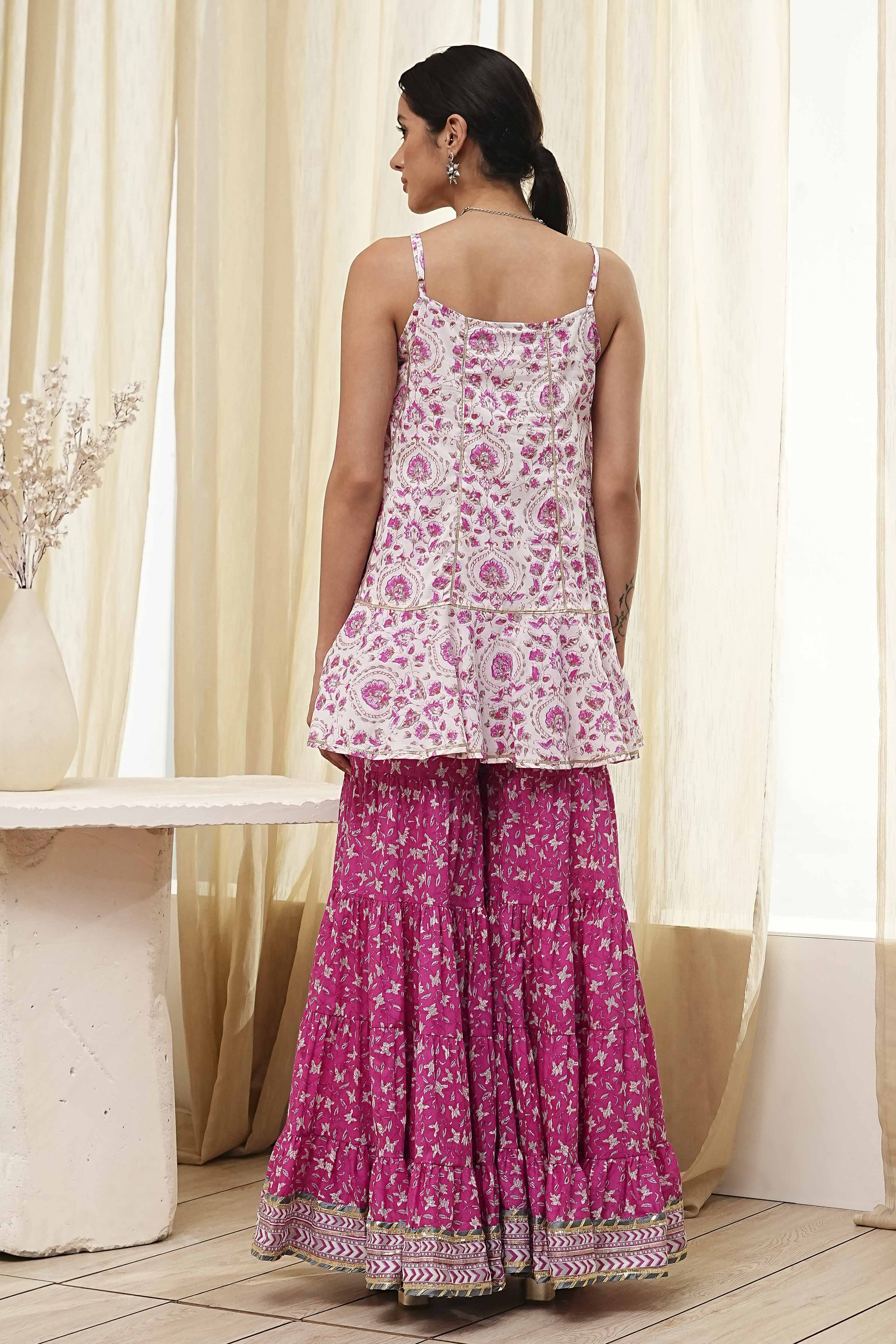 White and Blue Cotton Floral Flared Suit Set image number 4