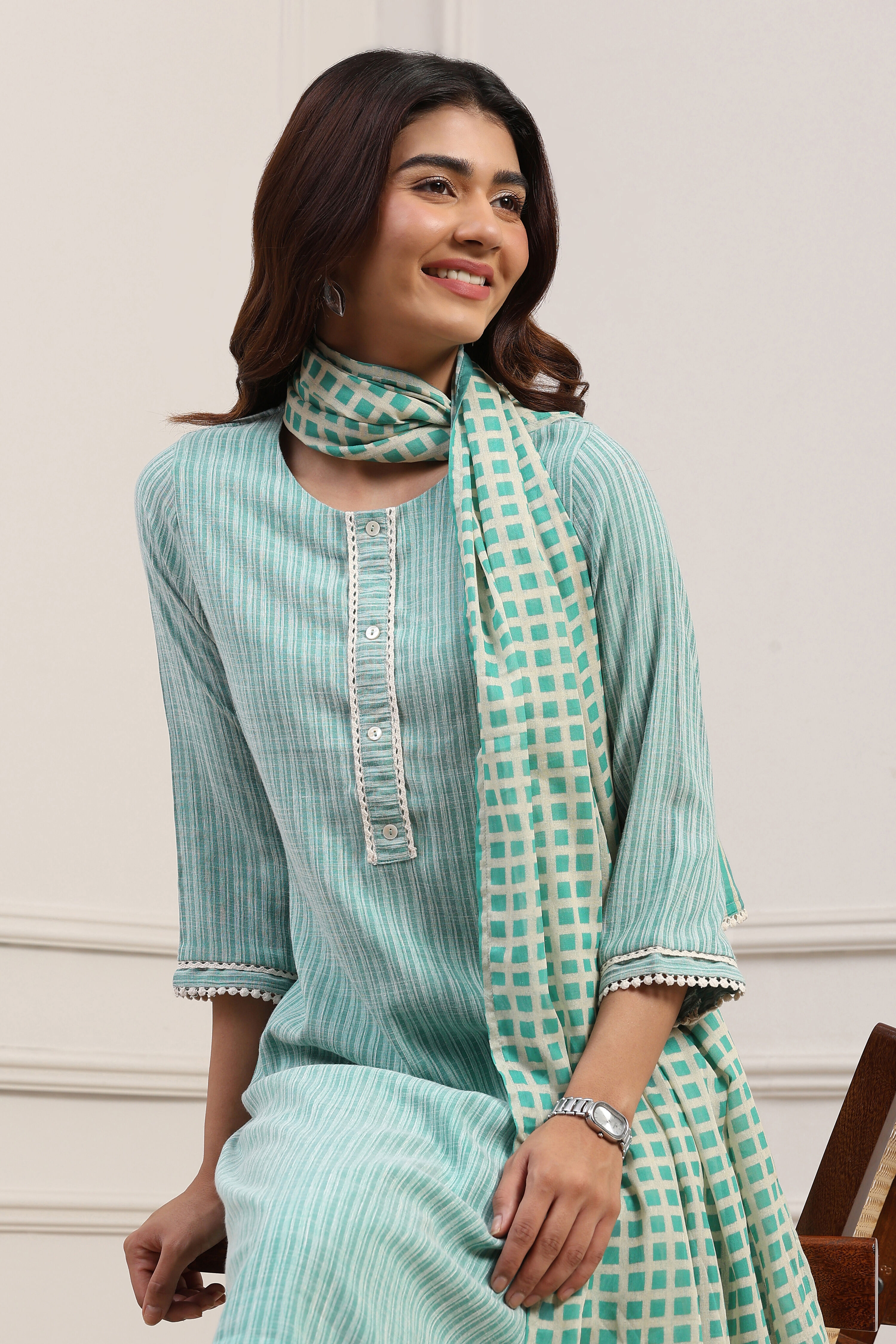 Turquoise Polyester Yarndyed Straight Suit Set image number 7