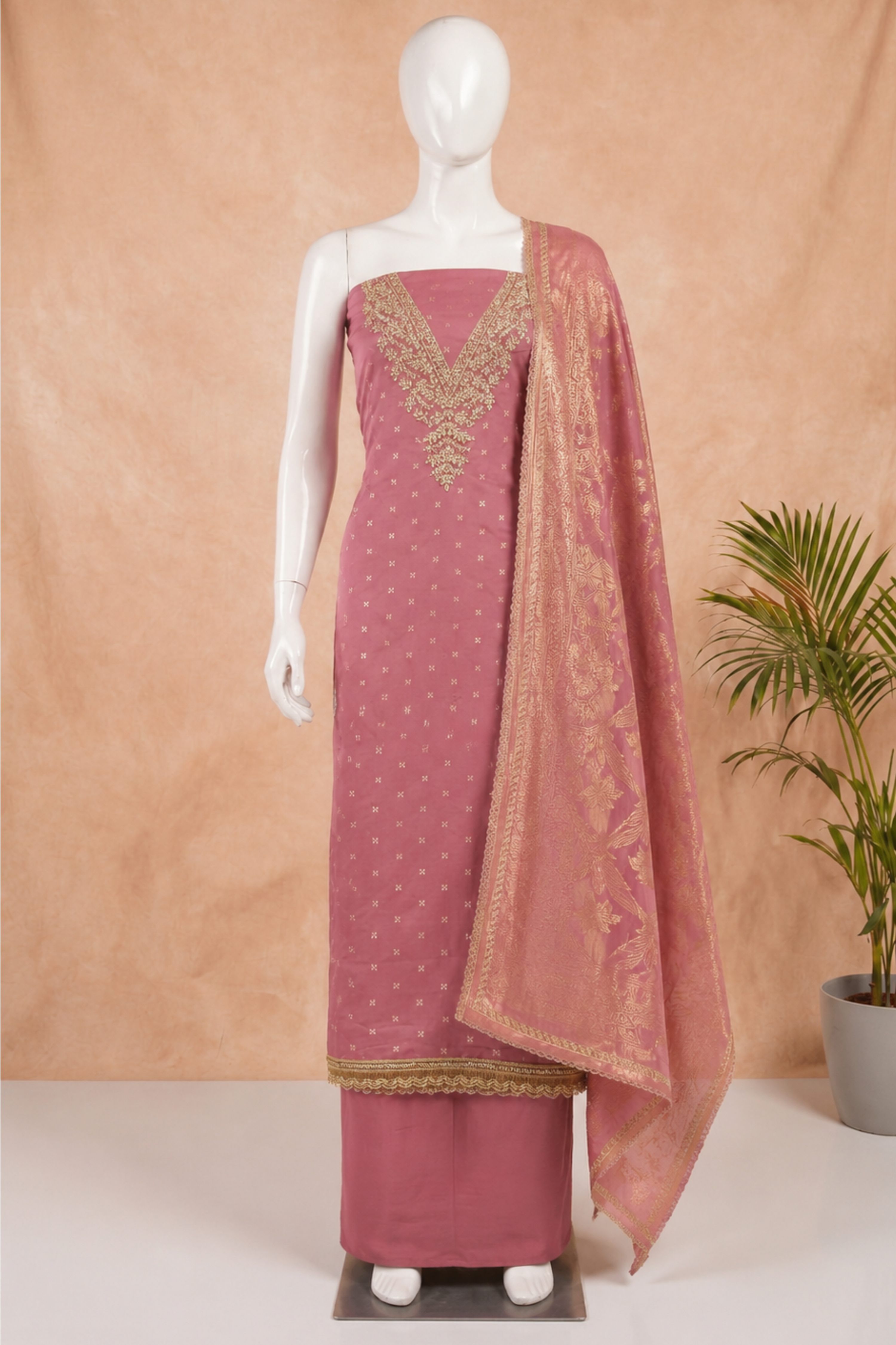 Purple Banarasi Booti Print Unstitched Suit Set image number 4