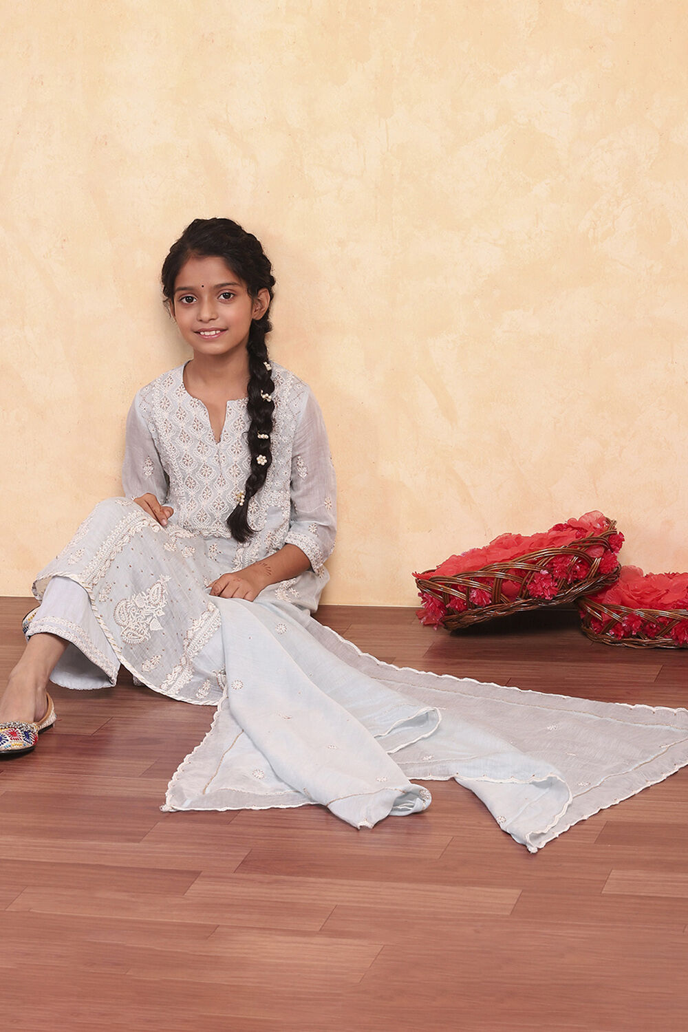 Powder Blue Silk Chanderi Flared Suit Set image number 0