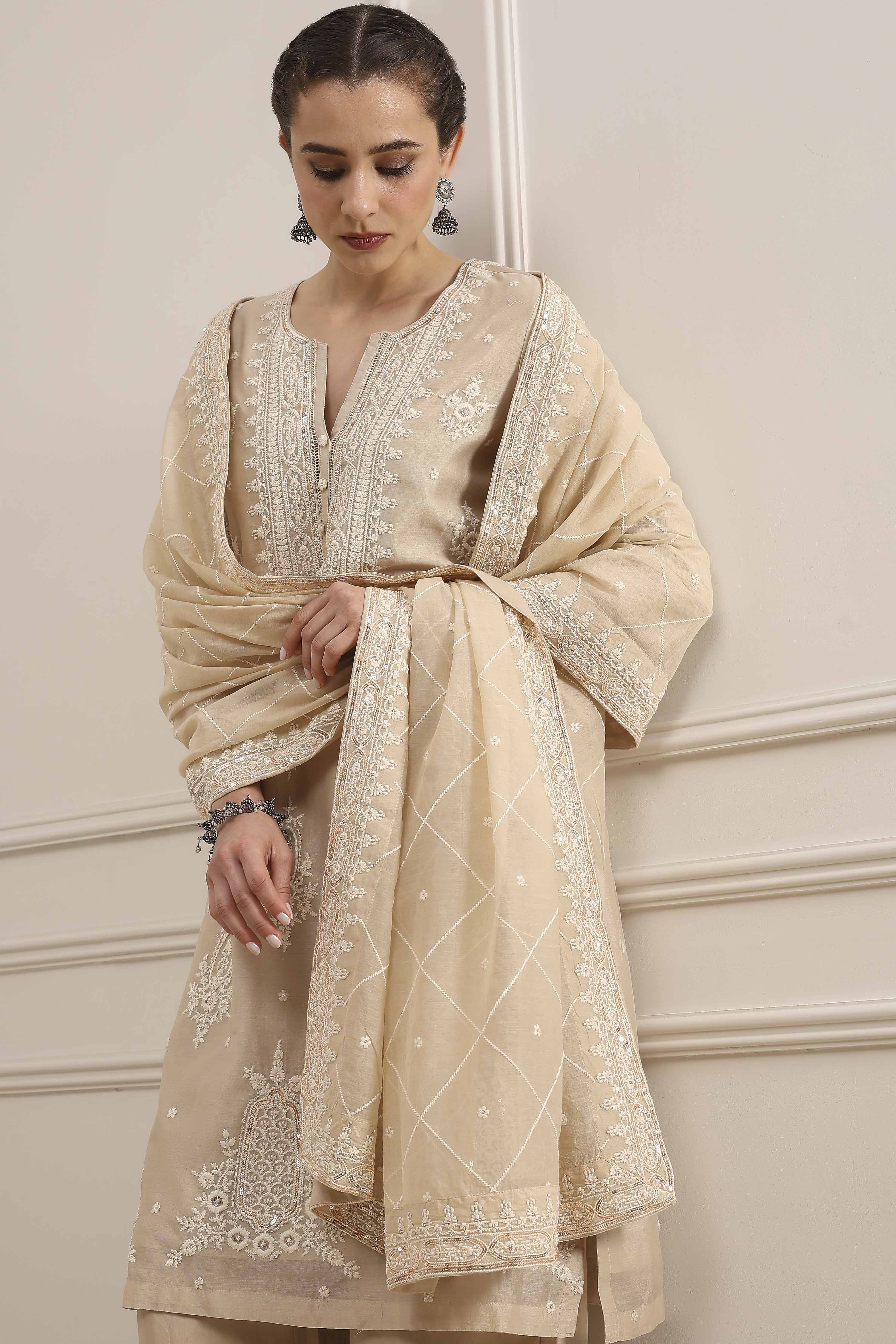 Natural White Chanderi Embroidered Straight Suit Set image number 7