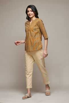 Beige Cotton Embroidered Narrow Pant image number 0