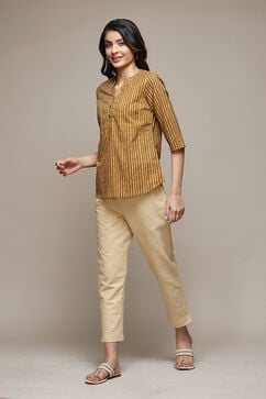 Beige Cotton Embrodered Narrow Pant image number 0