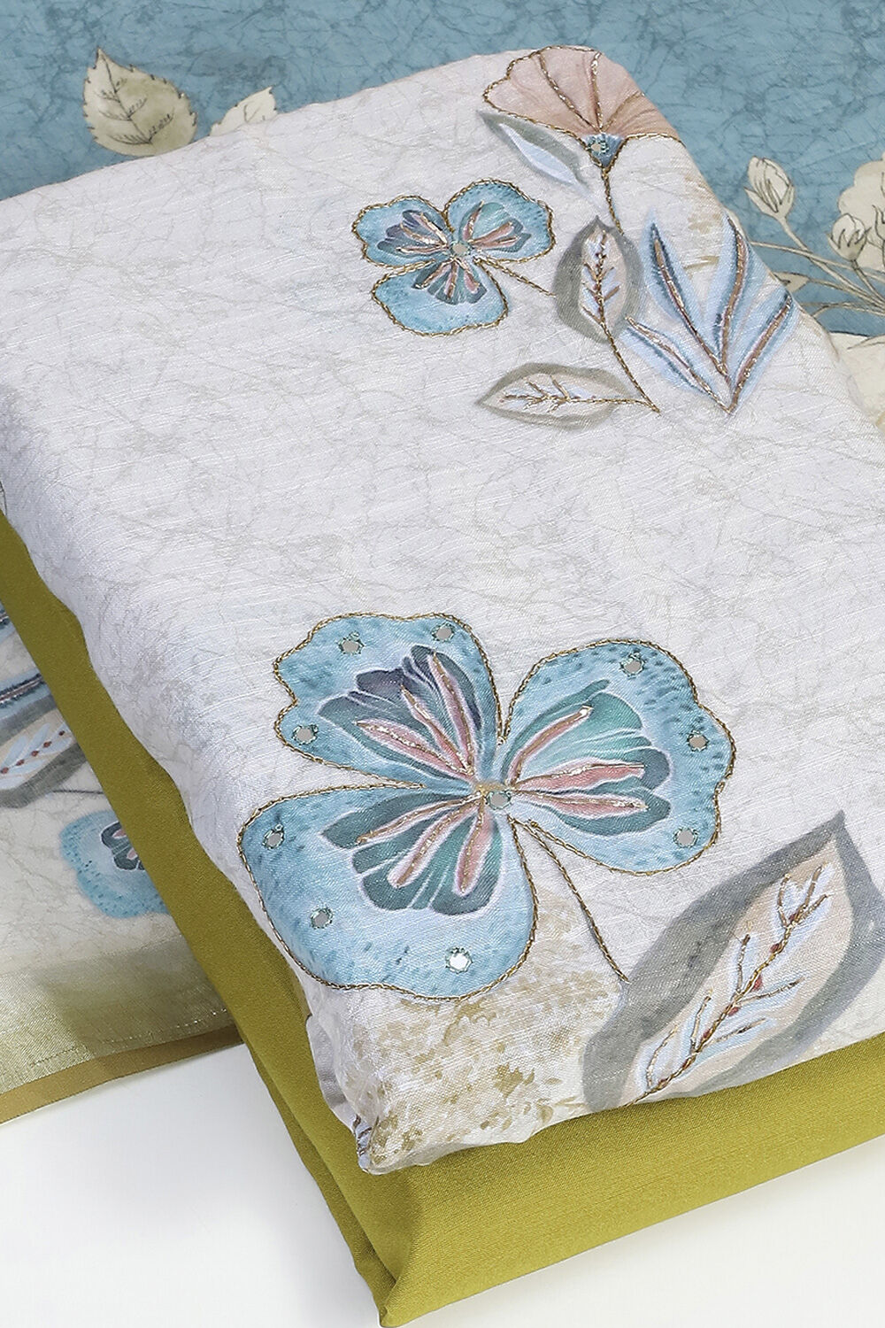 Light Green Linen Embroidered Unstitched Suit Set image number 6