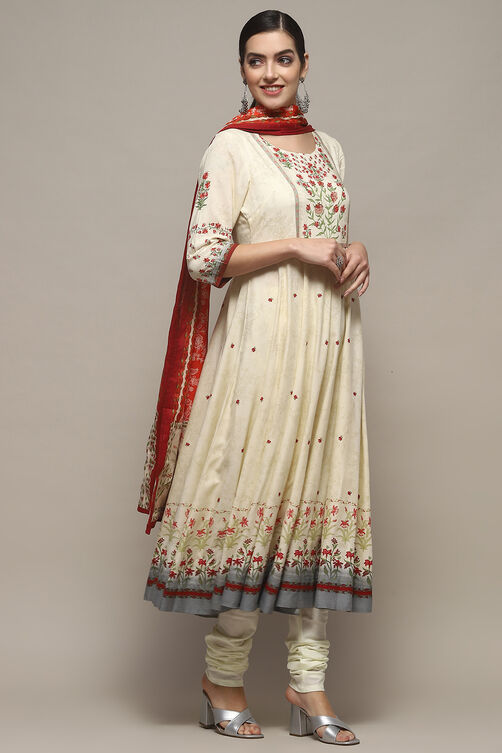 Cream Cambric Anarkali Kurta Churidar Suit Set image number 6