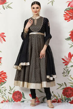 Rohit Bal Black Cotton Silk Anarkali Yarndyed Suit Set image number 7