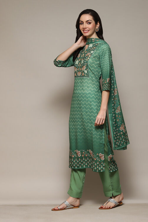 Green Cotton Blend Digital Print Unstitched Suit Set image number 6