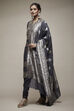 Charcoal Grey Silk Blend Straight Suit Set image number 3