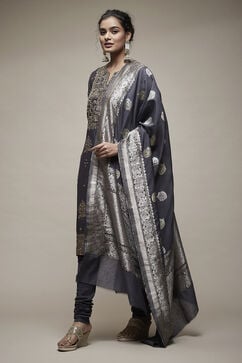 Charcoal Grey Silk Blend Straight Suit Set image number 3