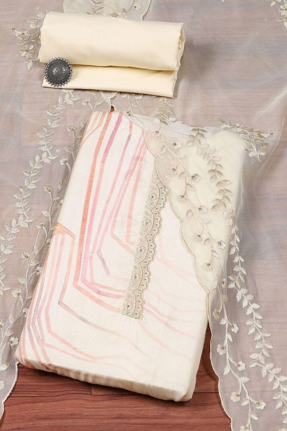 Lemon Muslin Machine Embroidered Unstitched Suit Set image number 0