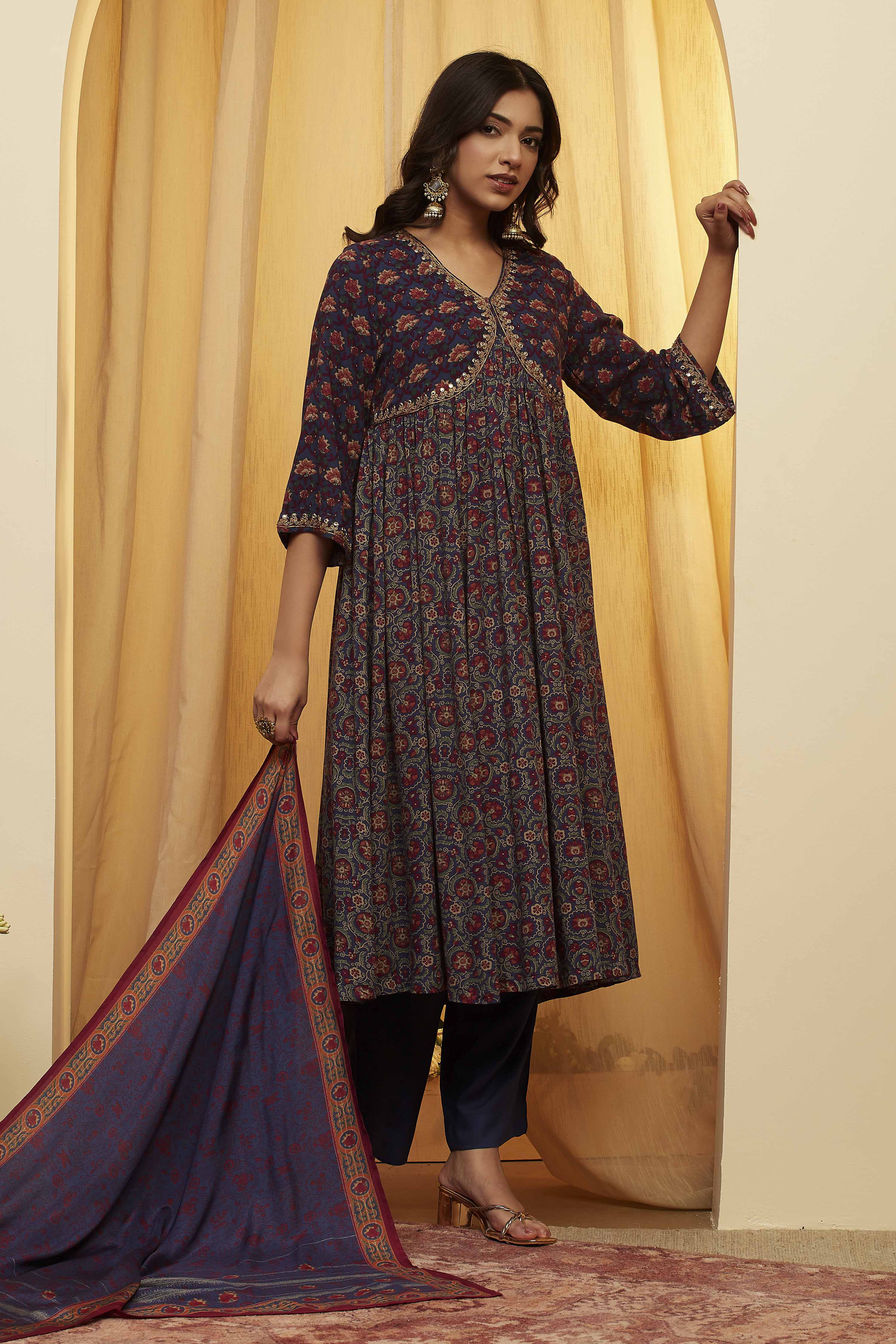 Blue Viscose Rayon Gathered Suit Set image number 0