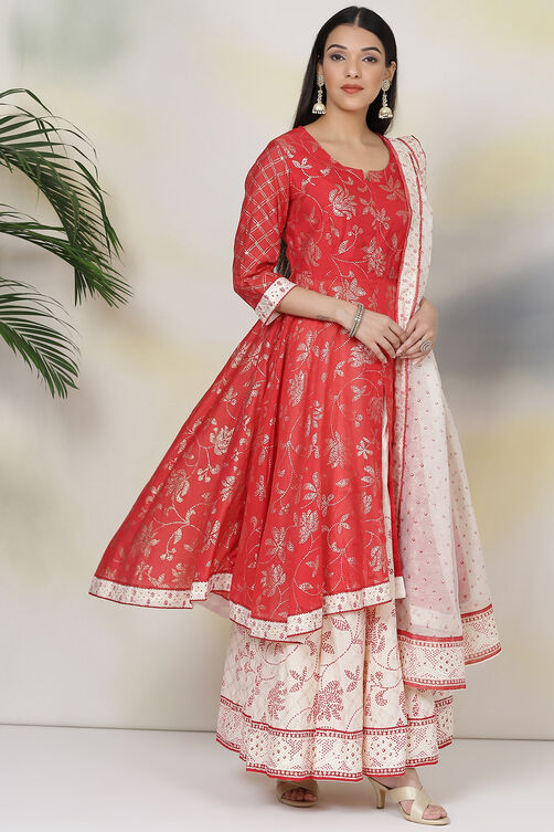 Red Poly Cotton Lehenga Set image number 6