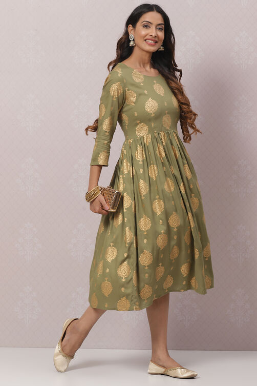 Green Rayon Printed Kurta Dress image number 5