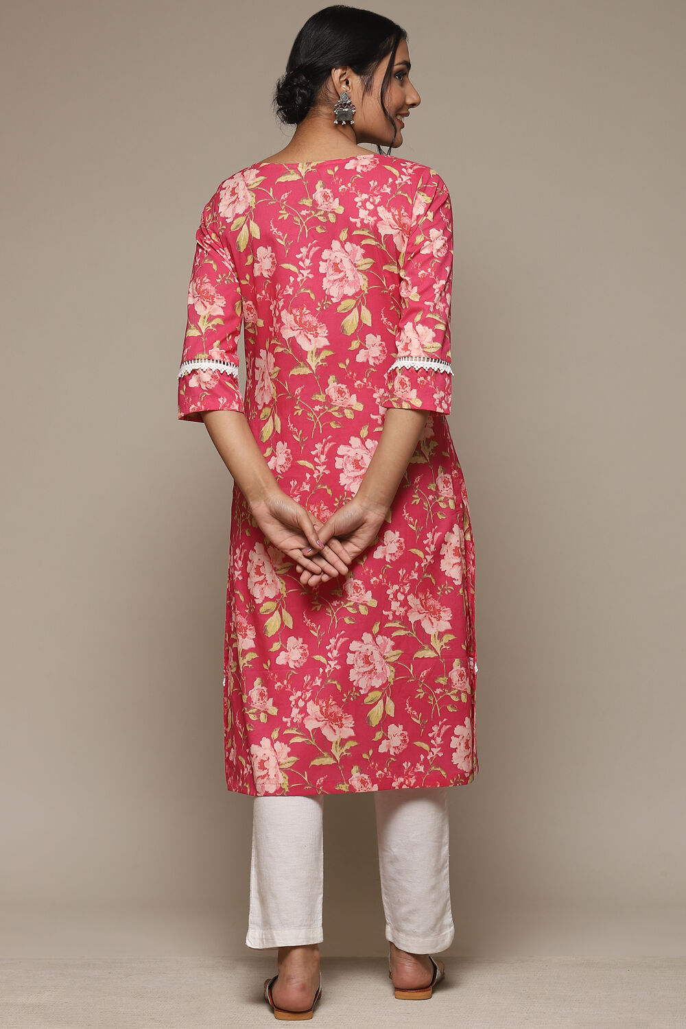 Pink Cotton Straight Printed Kurta image number 4
