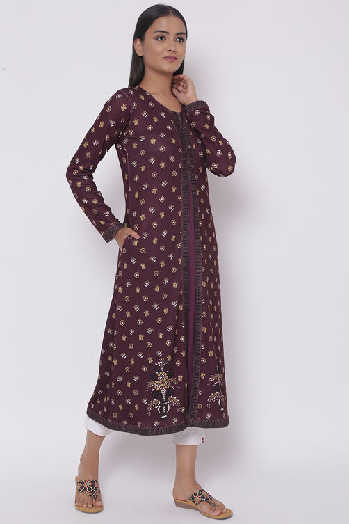 Plum Printed Winter Yarndyed Kurta image number 3